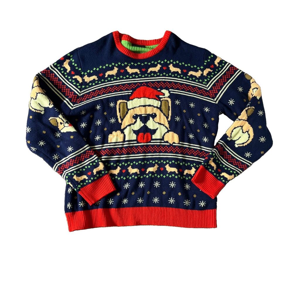 Geeknet 2x Ugly Christmas Sweater Corgi Dog Santa Hat Holiday Knit Unisex